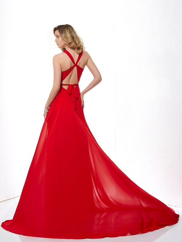 Vestidos de fiesta largos de gasa sin mangas con cuello halter y corte princesa de corte A